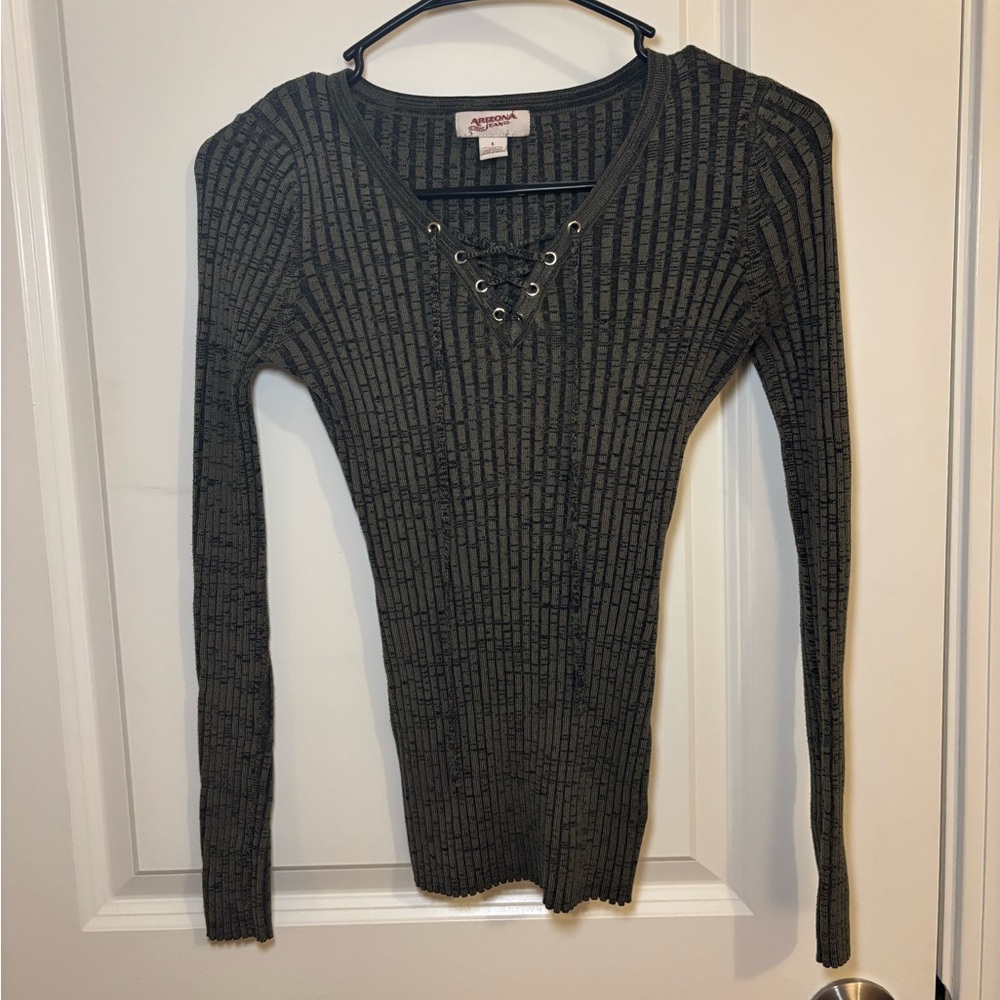 Olive Green Fitted Stretchy Lace up Long Sleeve Ribbed Shirt